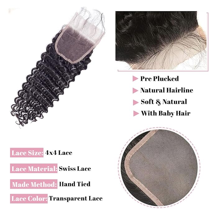 Human Hair Bundles with Closure (16 18 20+14 Closure) Deep Wave Bundles with Closure 100% Unprocessed Brazilian Virgin Curly Closure with Bundles Human Hair Weave with 4x4 Lace Closure Natural Color