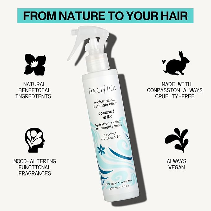 Pacifica Coconut Milk Hair Detangler Spray – Leave-In Conditioning Elixir for Tangle-Free Hair – Instantly Detangles Knots, Adds Shine & Moisture, Prevents Breakage & Frizz – Vegan & Cruelty-Free | Vegan, Cruelty-Free