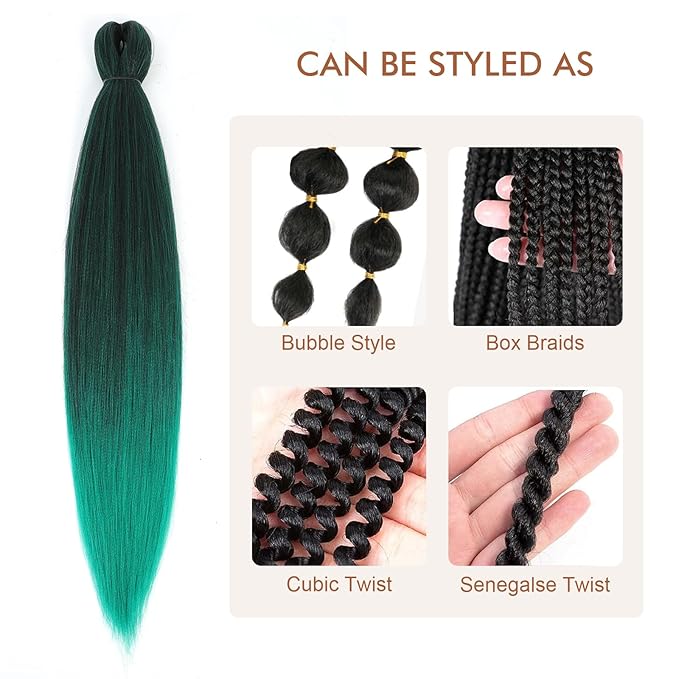 Pre-stretched Braiding Hair - 16 Inch 8 Packs Ombre Green Braiding Hair For Twist or Box Braids, Yaki Texture Hot Water Setting Synthetic Short Braiding Hair Extensions (16 Inch, T-Green-8P)