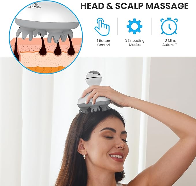 COMFIER Cordless Scalp Massager Hair Growth,Electric Head Massager Scalp Stress Relax with4 Soft Silicone Massage Heads,Waterproof Hair Massager Scalp,Dog&Cat Massager,Gifts for Him Her