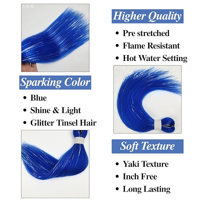 Tinsel Kids Braiding Hair Pre stretched Blue Braiding Hair for Glitter Braids Festival Braids Cosplay