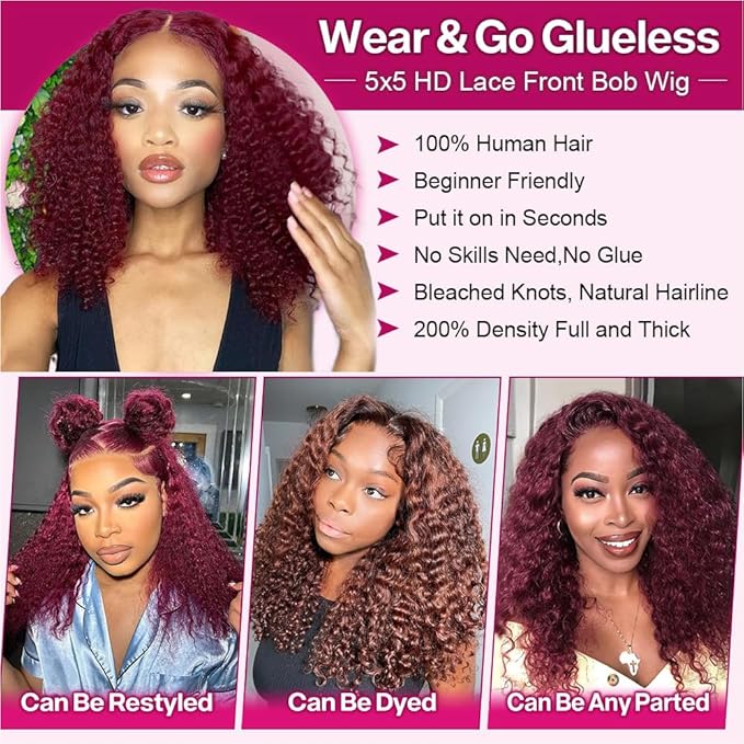 Curly Bob Wig Human Hair Deep Wave 200% Density 5x5 HD Lace Closure Wigs Human Hair Bob Wigs For Black Women Wear And Go Glueless Curly Wig Burgundy Color 18 Inch