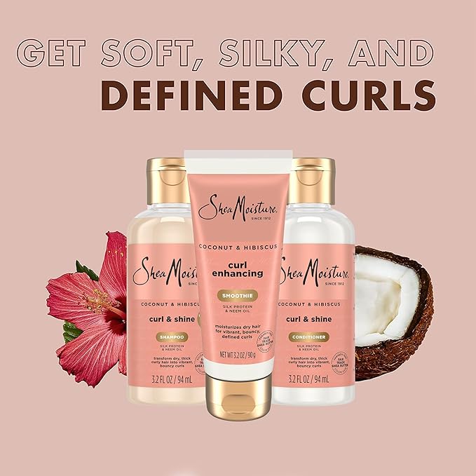 SheaMoisture Travel Essentials Hair Care Bundle, Coconut & Hibiscus Curl & Shine Shampoo & Conditioner + Curl Enhancing Smoothie for Bouncy Curls, Frizz Control, 3.2 Oz Ea