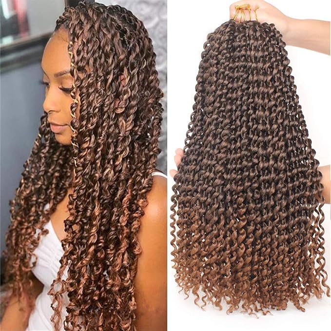 Leeven 18 Inch Ombre Color Water Wave Crochet Twist Hair for Butterfly Locs 7 Pcs Curly Passion Twist Crochet Hair For Women Synthetic Bohemian Braiding Hair Extension T30#