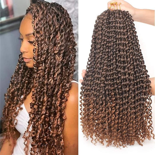 Leeven 18 Inch Ombre Color Water Wave Crochet Twist Hair for Butterfly Locs 7 Pcs Curly Passion Twist Crochet Hair For Women Synthetic Bohemian Braiding Hair Extension T30#