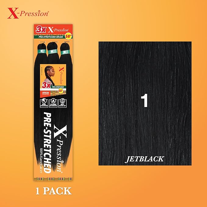 Sensationnel X-pression prestretched braiding hair - 3x braid 58 inch all kanekalon flame retardant synthetic braid for box braids and twists (1 pack, 1 JETBLACK)