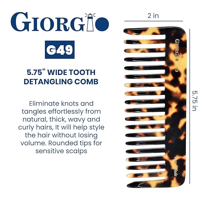 Giorgio G49 Yellow Tokio Large 5.75 Inch Hair Detangling Comb, Wide Teeth for Thick Hair. Detangler Comb For Wet And Dry. Handmade of Quality Cellulose. Saw-Cut, Hand Polished
