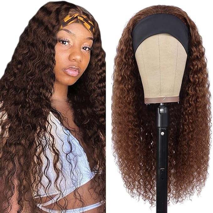 24 Inch #4 Brown Headband Wigs Human Hair Water Wave Wigs for Black Women Brazilian Virgin Hair Glueless None Lace Front Half Wig Wear and Go Chocolate Brown Headband Wigs Human Hair