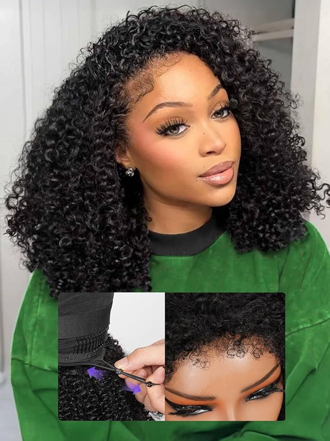 Kinky Curly Half Wig Human Hair Upgrade 4C Edge Hairline 200% Density Wear Go Glueless 3 In 1 Drawstring Seamless Flip Over Wig for Women Daily Wear Headband Wig Beginner Friendly (14 inch)