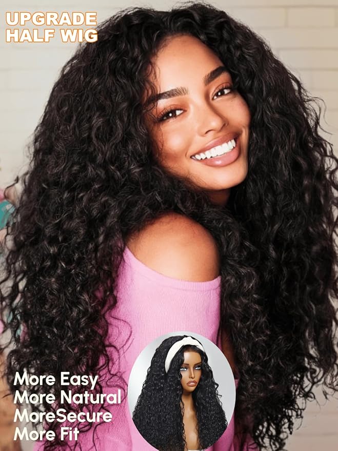 Julia Hair Glueless Half Drawstring Wig Human Hair Water Wave Blend Secure Wear and Go 12A Clip in Half Wig Wear with or Without Headband Wigs Human Hair for Women Beginner Friendly 22 Inch