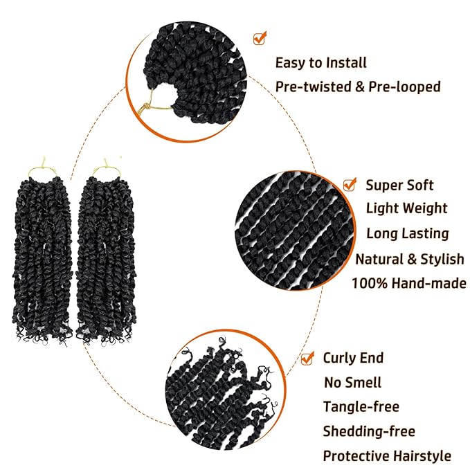 Passion Twist Hair 12 Inch Pre-twisted Passion Twist Crochet Hair for Women Pre-looped Water Wave Crochet Braids Bohemian Curly Braiding Hair Synthetic Hair Extensions 8 packs 1B