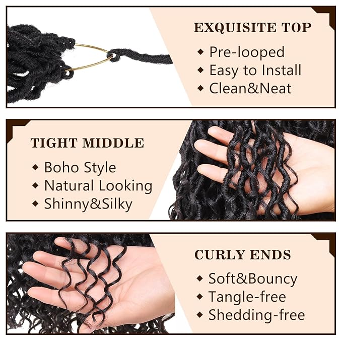 COOKOO 20 Inch 8 Packs Goddess Locs Crochet Hair Natural Black Boho Faux Locs Crochet Hair with Curls Pre Looped River Locs Hair for Black Women Bohemian Locs Synthetic Hair Extensions 1B#