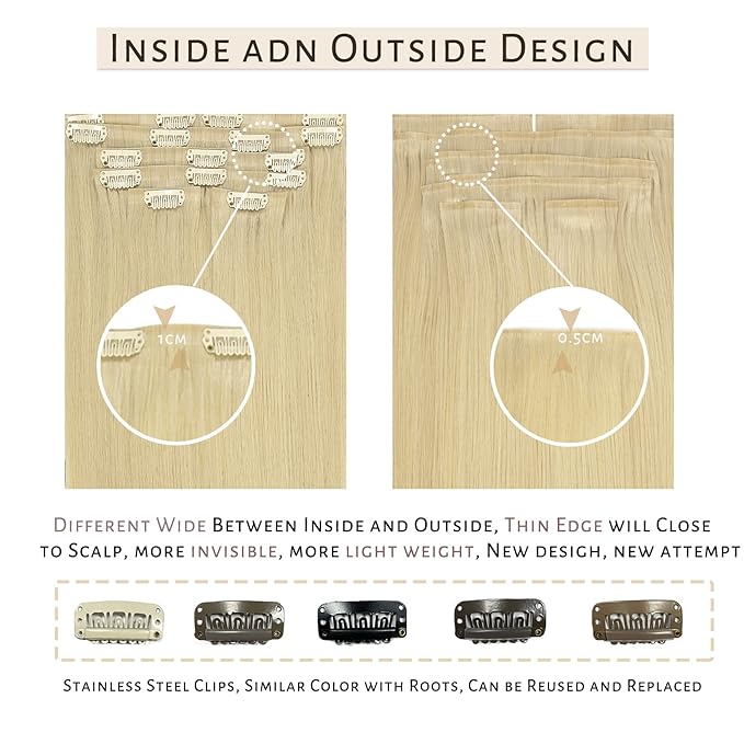 Caliee 22Inch Hair Extensions Clip in Human Hair Seamless Hair Extensions Invisible PU Weft Long Thick Hair 110G 7Pcs 60 Bleach Blonde Hair Extensions Real Human Hair for Thin Hair