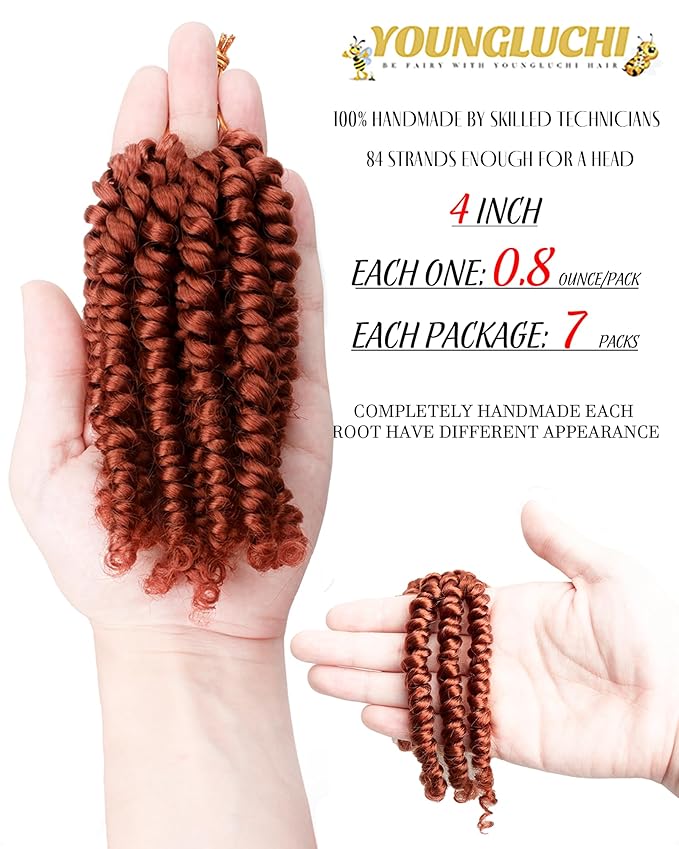 4 Inch 7 Packs Super Short Passion Twist Crochet Hair for Black Women and Kids-Pure Ginger Pre Looped Pretwisted Soft Hair Extensions,Braided by Synthetic Spring Kinky Twist Bohemian Curl(4"-7P,350#)