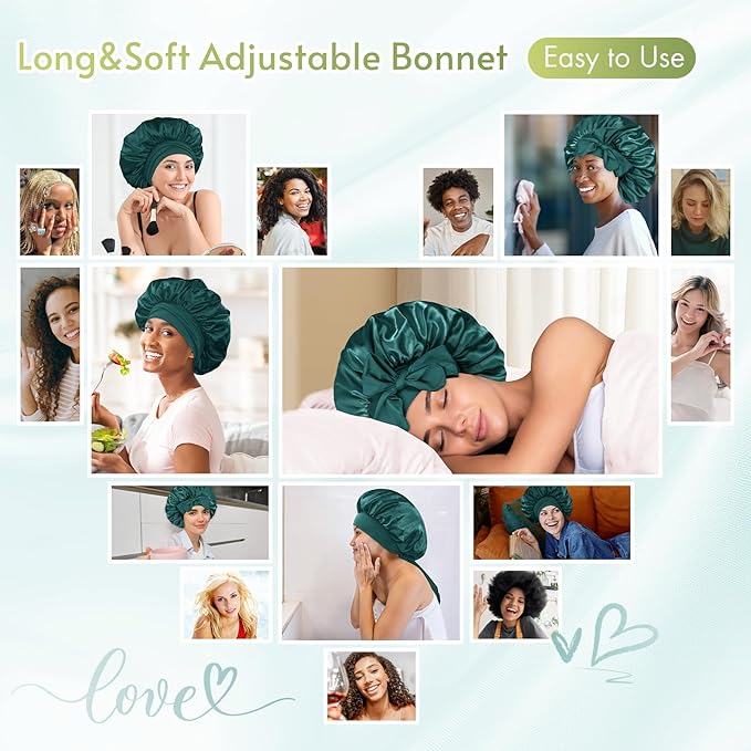 BONNET QUEEN Silk Bonnet for Sleeping Women Satin Bonnet Night Sleep Cap Wrap for Curly Hair with Adjustable Tie Band, Darkish Green