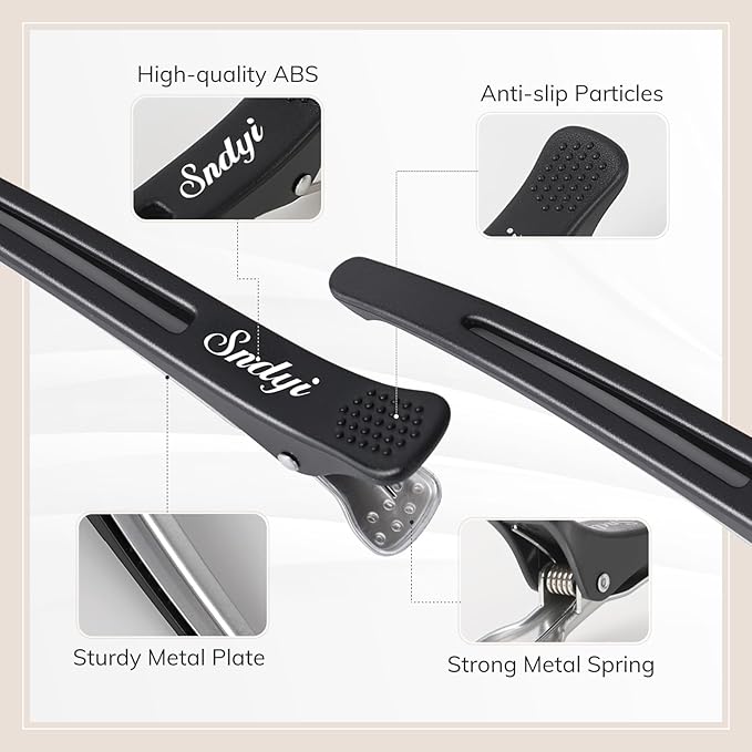 Sndyi Hair Sectioning Clips - Non-Slip Duck Billed With Silicone Band for Styling, Rollers - 6Pcs, Black - for Hairdressers, Barbers, Women, Men