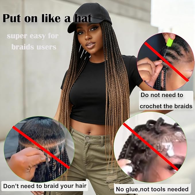 Hat Wig for Women Baseball Cap with Braided Hair Attached 24inch long Synthetic Ombre Box Braid Wig Hat Adjustable Cap with black brown light brown Braids for Daily Outdoor Use (B-53)