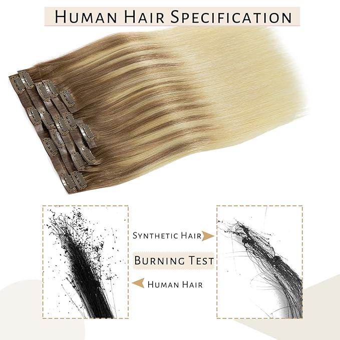Caliee PU Clip in Hair Extensions Real Human Hair 22Inch Soft Thick Straight Clip in Hair Extensions Human Hair B8/60A Light Brown to Platinum Blonde Remy Human Hair Clip in Hair Extensions 110G