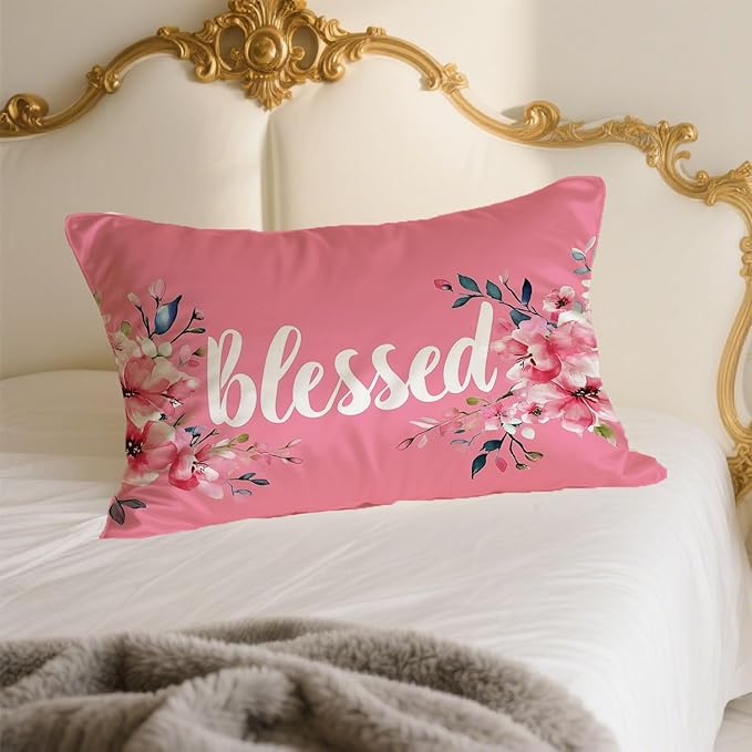 Satin Pillowcase with Zipper for Hair and Skin Blessed Watercolor Pink Floral 1 Pack Soft Silk Pillow Case Standard Size Wrinkle-Free Smooth and Cooling Satin Pillow Cover 20”x26”