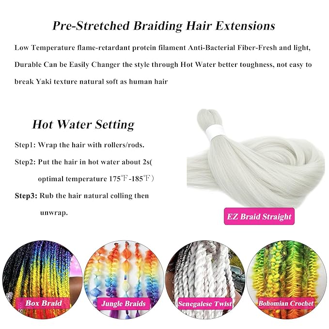 Silver Grey Braiding Hair Pre Stretched Hypoallergenic Gray Braiding Hair Extensions for Braiding Box Braids Micro Long Jumbo Knotless Kids Crochet Prestressed Braiding Hair 26 inch 3 packs