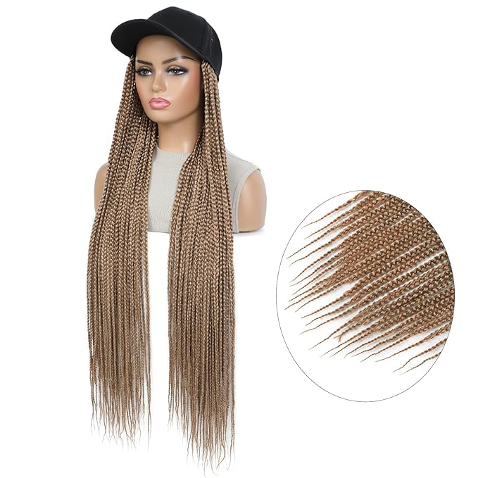 Braided Baseball Cap Wig Box Braid Hair Extensions with Hat golden brown Cap Wig with 30inch Long Synthetic Braiding Hair for Women (30in-27)