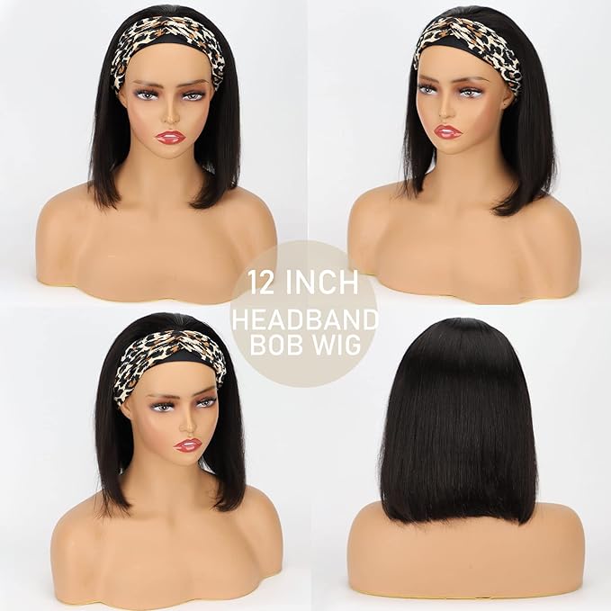 AISI QUEENS Headband Wig - Human Hair Bob Wig for Black Women, Glueless, Short Bob Headband Wigs (12 Inch)