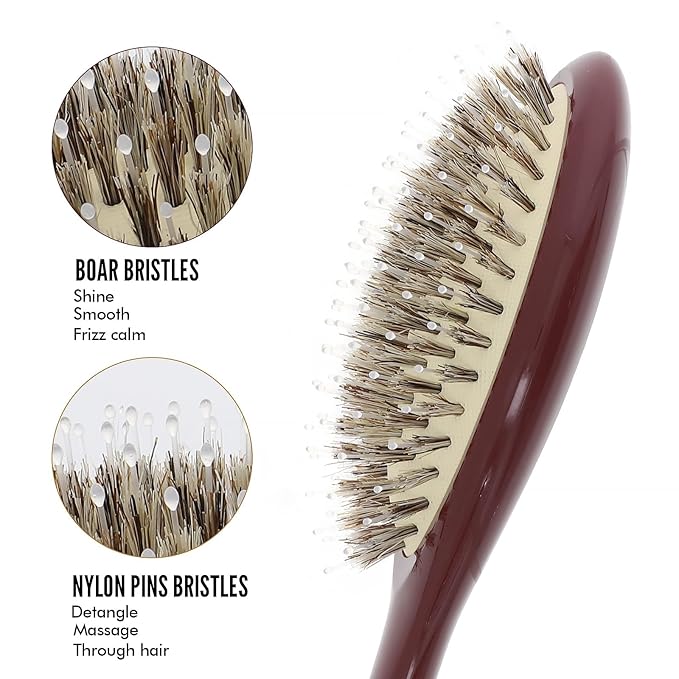 Boar Bristle Hair Brush -boar bristles + nylon pins， Smoothes & Detangles All Hair Types, Hairbrush for Women, Men & Kids, Distributes Oils for Natural Shine & Stimulates Scalp