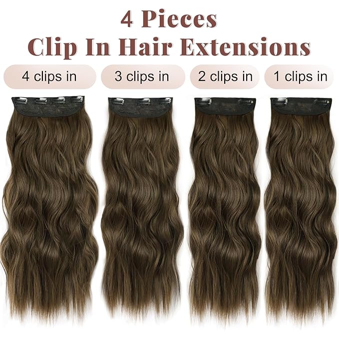 ALXNAN Clip in Long Wavy Synthetic Hair Extension 24 Inch Light Chestnut Brown 4PCS Thick Hairpieces Fiber Double Weft Hair for Women