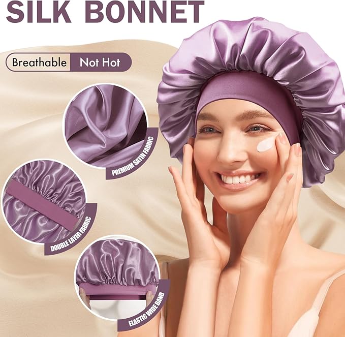 Satin Silk Bonnet for Sleeping, Double Layer Silk Sleep Cap for Men & Women, Soft Satin Lined Bonnet for Curly Hair