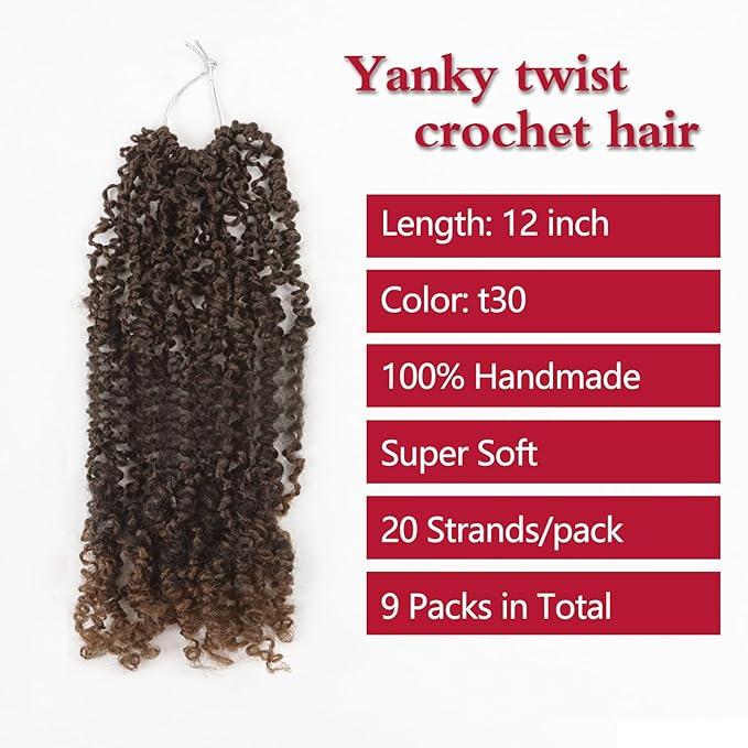 Yanky Twist Crochet Hair, PILLUGER Yaki Twists Hair Micro Spring Twist Braids,9 Packs Pre-looped passion Twist Brown Senegalese With Curls Crochet Synthetic Hair Extensions(T30)
