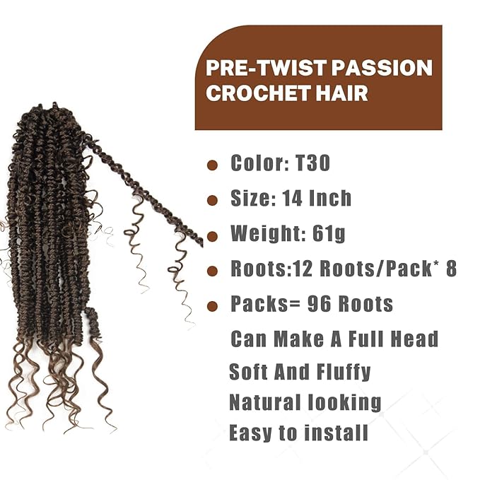 Passion Twist Hair 14 inch Passion Twist Crochet Hair 8 Pack Pre-twisted Passion Twist Braiding Synthetic Hair Extensions Soft Pre Looped Curly Ombre Brown Crochet Hair for Black Women