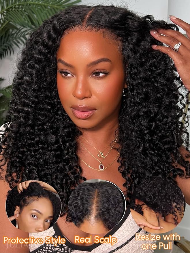 Julia Hair V Part Wig Human Hair Curly Wig with Finger Coil Ends Glueless V Shape Wig Afro Curly Wigs with Drawstring Upgrade U Part No Leave Out Half Wig For Women Natural Scalp 14 Inch