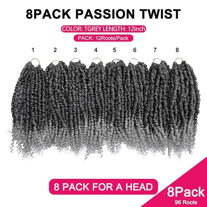 NAYOO Passion Twist Hair - 8 Packs 12 Inch Passion Twist Crochet Hair For Women, Crochet Pretwisted Curly Hair Passion Twists Synthetic Braiding Hair Extensions(12 Inch 8 Packs, TGREY)