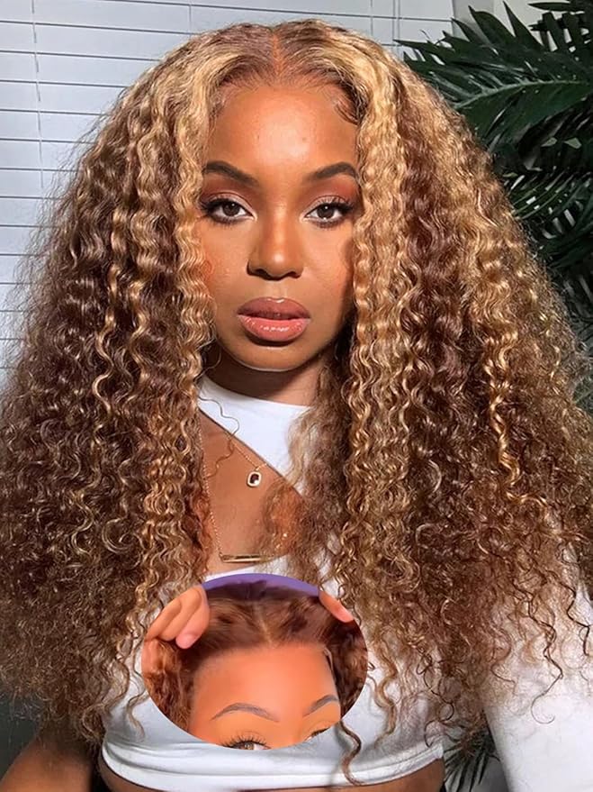 BGM GIRL Highlight Glueless Wig Human Hair 7x5 HD Lace Water Wave Wig 4/27 Color 180% Density Pre Plucked Invisible Knots Pre Cut Lace Wear Go Deep Wave Wigs for Women Beginner Friendly 22 Inch