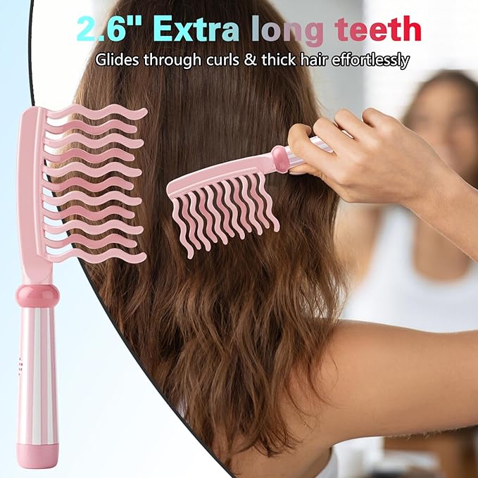 Wide Tooth Comb for Curly, Detangling Comb with Double Row Wavy Tooth and Ergonomic Handle for Long/Thick Dry/Wet Hair for Women/Girl without Straighten the Curl Hair Style (Pink)