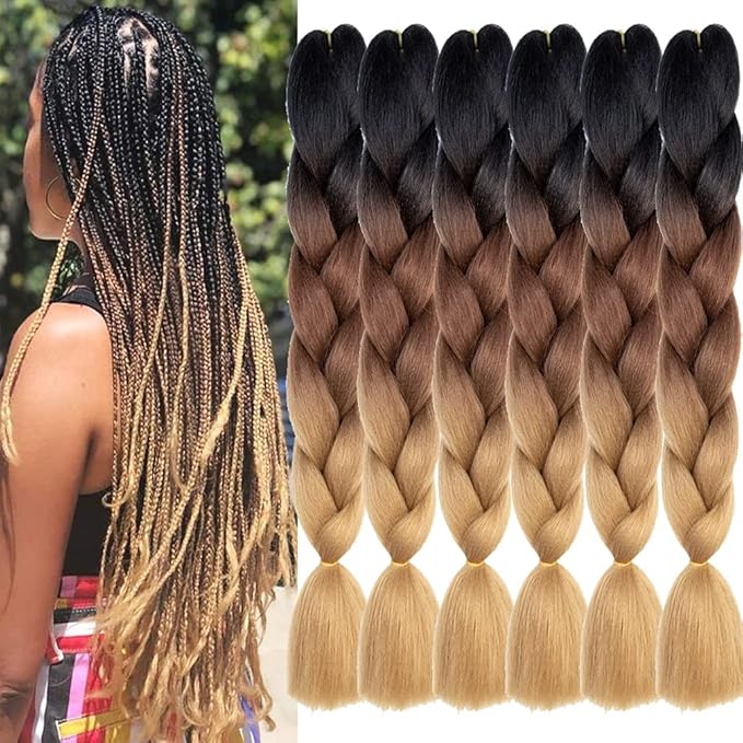 Xiaofeng Braiding Hair Extensions for Women 6 Packs 100g/Pack 24Inch High Temperature Ombre Jumbo Synthetic Braiding Hair for Twist Crochet Braids (24 Inch, black-deep brown-brown)
