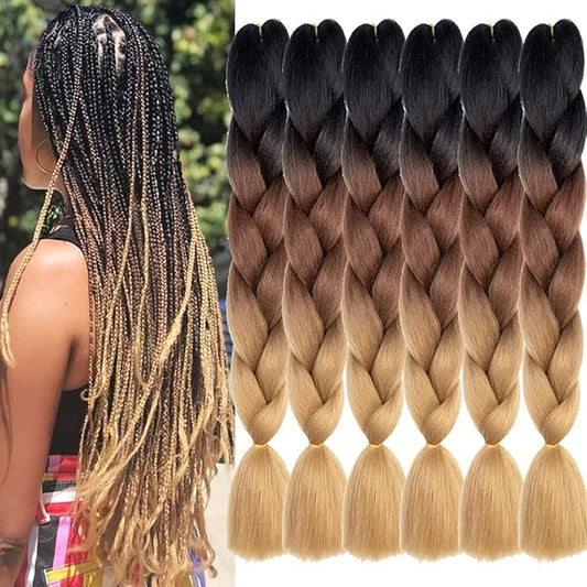 Xiaofeng Braiding Hair Extensions for Women 6 Packs 100g/Pack 24Inch High Temperature Ombre Jumbo Synthetic Braiding Hair for Twist Crochet Braids (24 Inch, black-deep brown-brown)