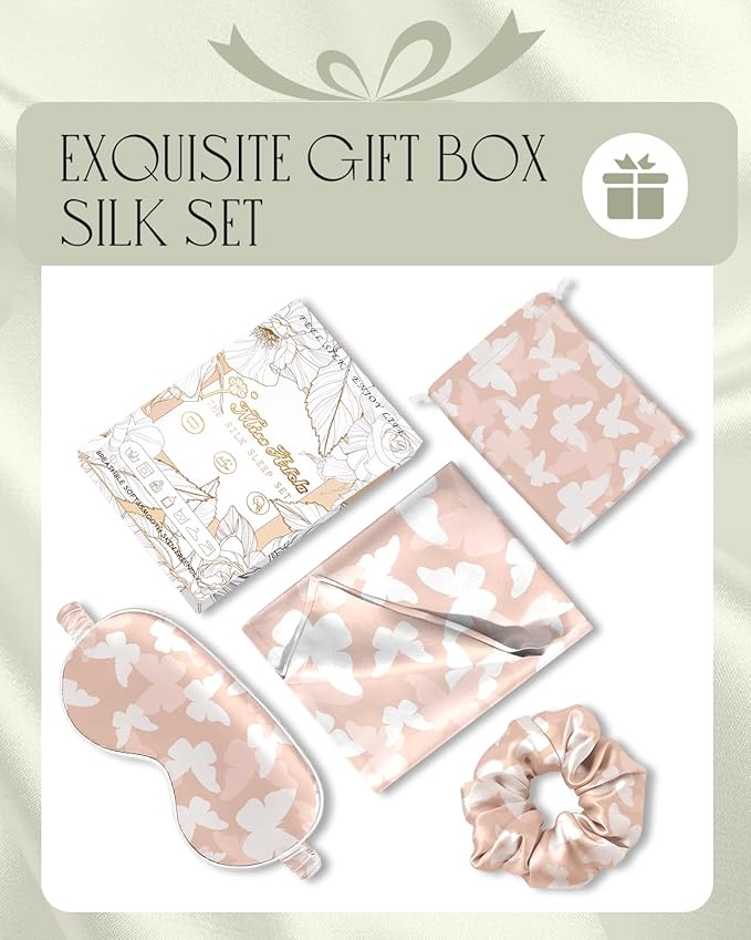 Mulberry Silk Pillow Case for Hair and Skin 19 Momme Queen 30"x20" Butterfly Silk Pillowcase with Eye Mask & Scrunchie Soft Silk Pillowcase Sleeping for Moms, Women