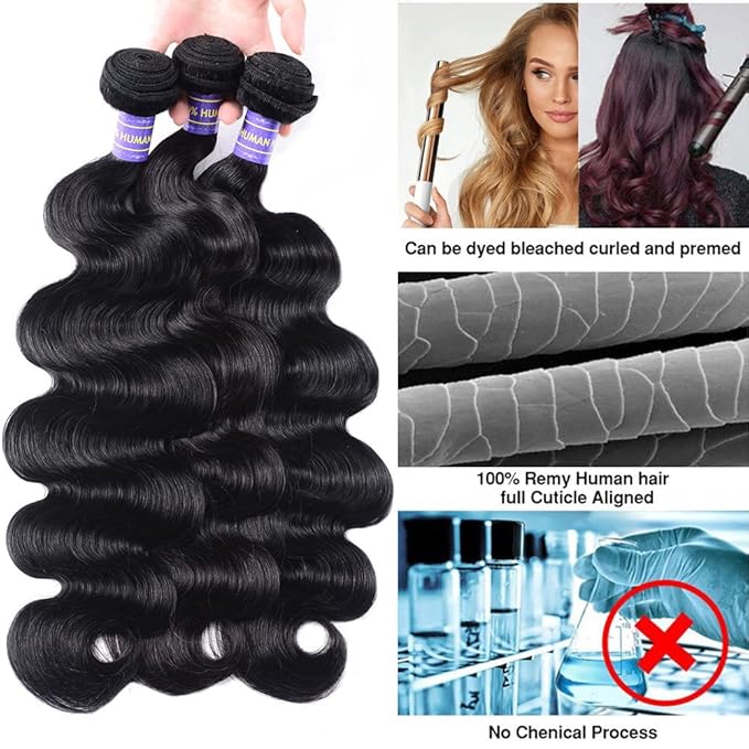 Bundles with Closure Body Wave Hair Weaves(10 12 14+10，Free Part) 4×4 Lace Closure with 3 Bundles 100% Brazilian Virgin Remy Human Hair 150% Density Natural Color for Black Women