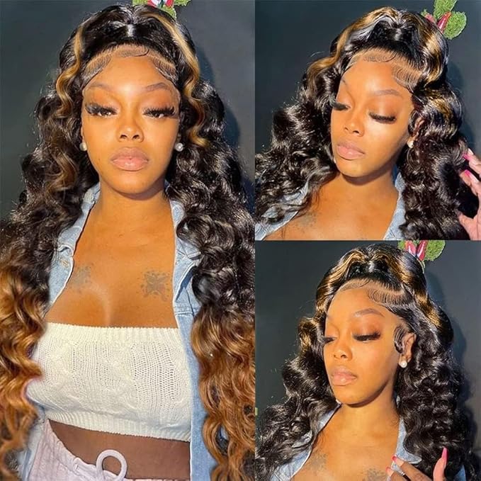 MEGOOD Ombre Lace Front Wig Human Hair 13X6 Honey Blonde Wig Human Hair For Women 220% Density HD Transparent Body Wave Highlight Honey Blonde Wig Glueless Wigs 20Inch