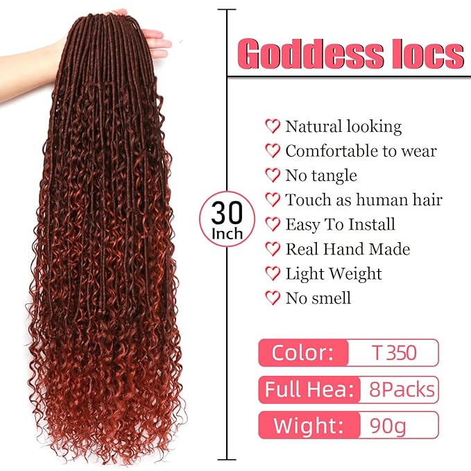Goddess Locs Crochet Hair-30 Inch 8 Packs Boho Faux Locs Crochet Hair for Black Women Pre Looped Soft Locs with Curly Ends (T350, 30 Inch(Pack of 8))