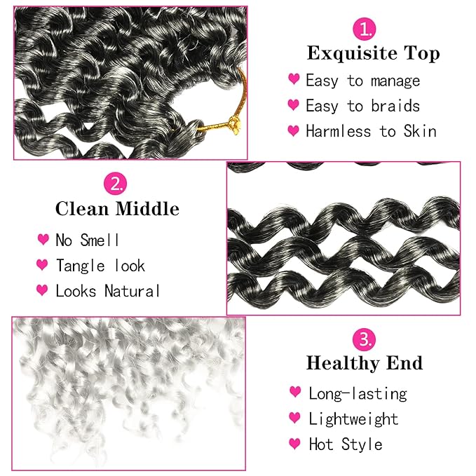 Ubeleco 14 Inch Ombre Silver Passion Twist Hair, Short Water Wave Crochet Hair for Passion Twist Crochet Hair Bohemian Synthetic Curly Braiding Hair Extensions (14 Inch (Pack of 7),1B/Gray)