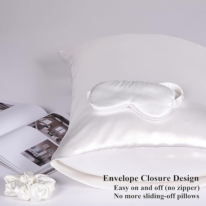 Satin Pillowcase for Hair and Skin, Vegan Silk Pillowcase Set-2 Ivory Satin Pillowcases Standard Size, 1 Eye Mask, 1 Scrunchie-Luxury Sleep Set, White Pillow Cases with Envelope Closure