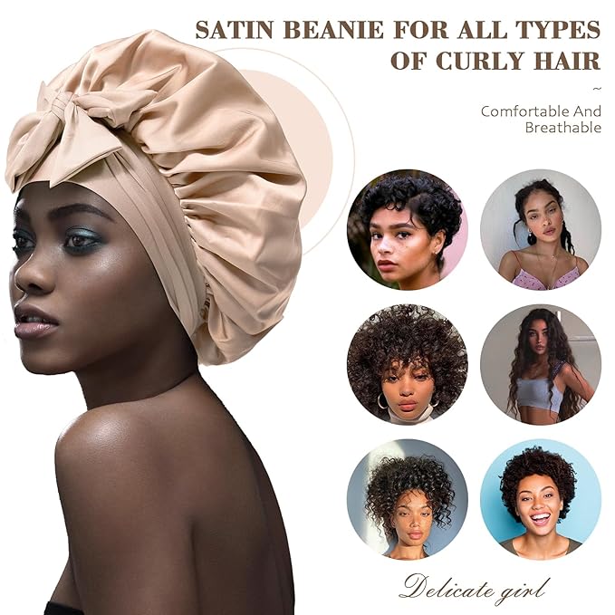 Satin Hair Bonnet with Wide Band Silk Sleeping Bonnets Hair Wrap for Women Girls Night Cap with Tie Band Satin Bonnet (Light Champagne)