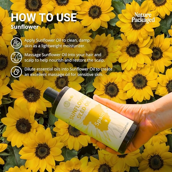 Sunflower Carrier Oil (32oz) - Direct from EIR Oils' Farmland in the Sunny Fields of Spain - 100% Pure Carrier Oil for Hair, Face, and Skin