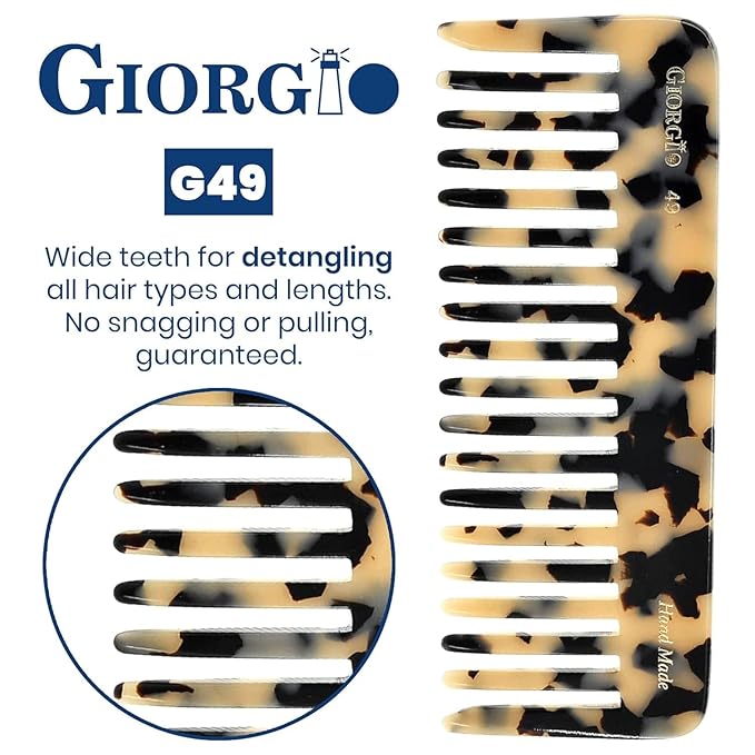 Giorgio G49 White Tokio, Large 5.75 Inch Hair Detangling Comb, Wide Teeth for Thick Curly Wavy Hair. Detangler Comb For Wet and Dry. Handmade of Quality Cellulose, Saw-Cut, Hand Polished