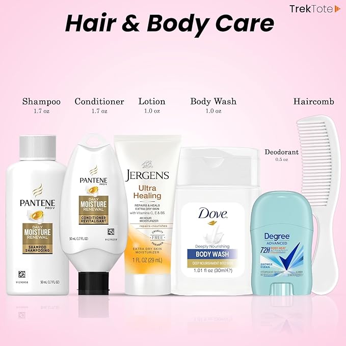 Trektote Bulk Hygiene Kit For Women – (25 Pack) 15 Piece Set – Featuring Top Trusted Brands, TSA Compliant, Bulk Travel Essentials, Includes Shampoo And Conditioner, Lotion, Toiletry Bag & More