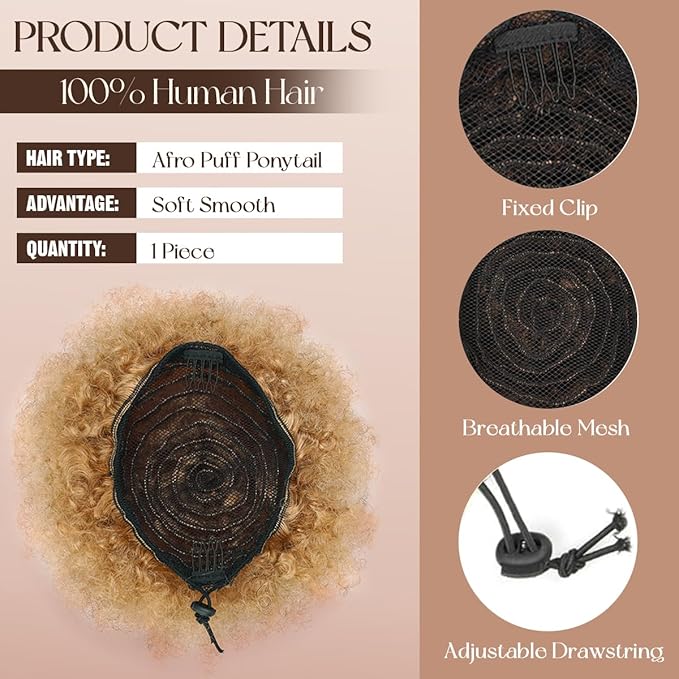Afro Puff Extension for Black Women #18 Ash Blonde Brazilian Virgin Human Hair Durable Natural Soft and Smooth Retro Kinky Curly Ponytail Wig