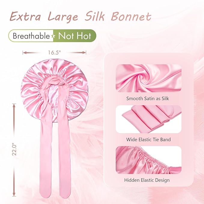 BONNET QUEEN Silk Bonnet for Sleeping Women Big Satin Bonnet Night Sleep Cap Wrap for Curly Hai rwith Adjustable Tie Band, Single Layer, Large, Pink