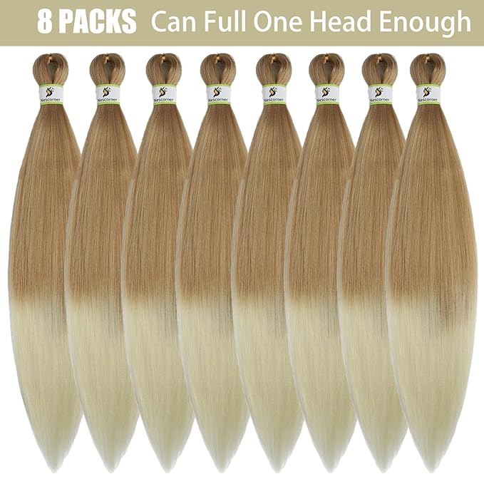 Ombre Braiding Hair Pre Stretched 24 Inch 8 Packs, Synthetic yaki Ombre Blond Pre Stretched Braiding Hair 27/613#